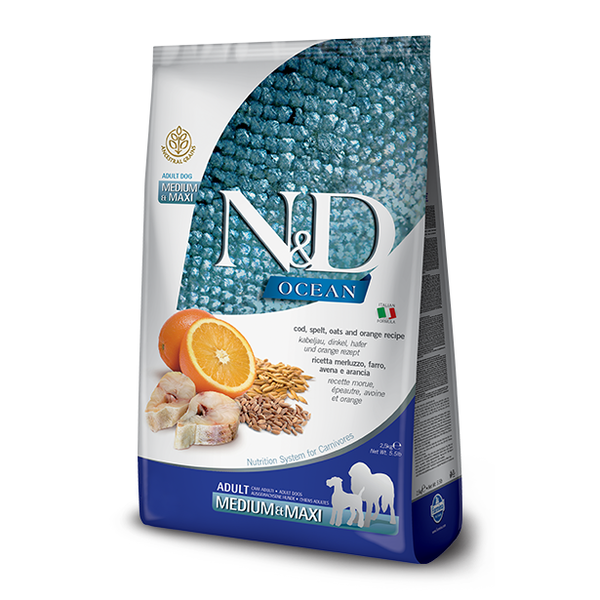 Farmina N D Ocean Cod Spelt Oats Orange Medium Maxi Adult Dry Dog Food 26.4 lb