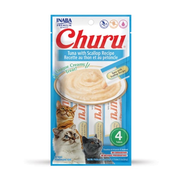 Inaba Churu Purees Tuna with Scallop Recipe Lickable Cat Treats, 2-oz pouch, 4 count