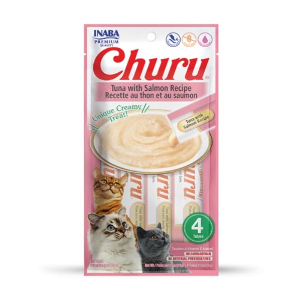 Inaba Churu Purees Tuna with Salmon Recipe Lickable Cat Treats, 2-oz pouch, 4 count