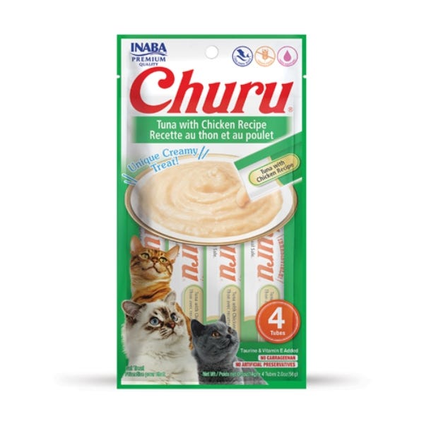 Inaba Churu Purees Tuna with Chicken  Recipe Lickable Cat Treats, 2-oz pouch, 4 count