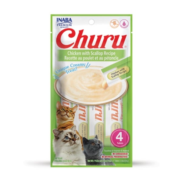 Inaba Churu Purees Chicken with Scallop Recipe Lickable Cat Treats, 2-oz pouch, 4 count